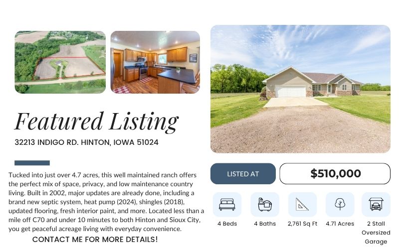 Featured acreage home at 32213 Indigo Road in Hinton Iowa with 4 bedrooms, 4 bathrooms, and 4.71 acres