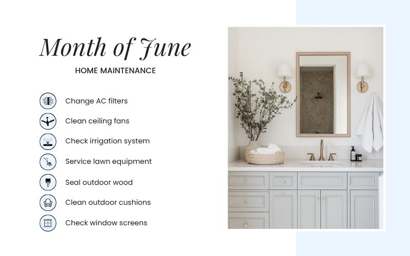 June home maintenance checklist featuring air filters, ceiling fans, irrigation, lawn equipment, outdoor wood, cushions, and window screens