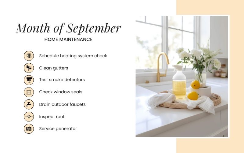 September home maintenance checklist for Le Mars, Iowa homeowners featuring heating system inspections, gutter cleaning, smoke detector testing, window seals, and roof maintenance.