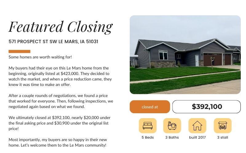 Featured home closing at 571 Prospect Street SW in Le Mars, Iowa, sold for $392,100 with the help of local REALTOR® Aspen Coffee.