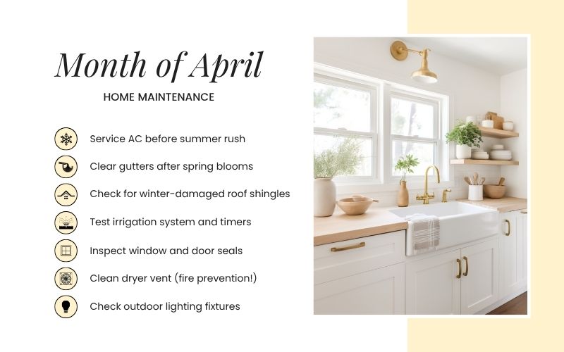April home maintenance checklist for Le Mars, Iowa homeowners featuring air conditioning service, gutter cleaning, roof inspections, window seals, dryer vent cleaning, and outdoor lighting.