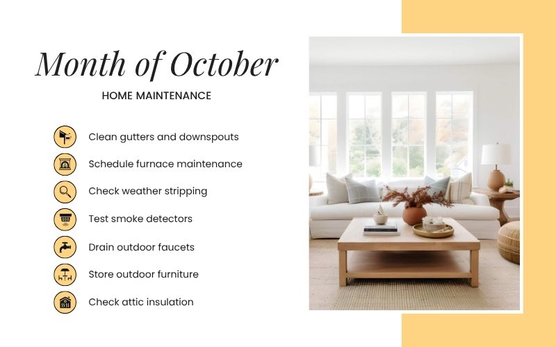 October home maintenance checklist for Le Mars, Iowa homeowners featuring gutter cleaning, furnace servicing, weather stripping, smoke detector testing, and winter preparation.