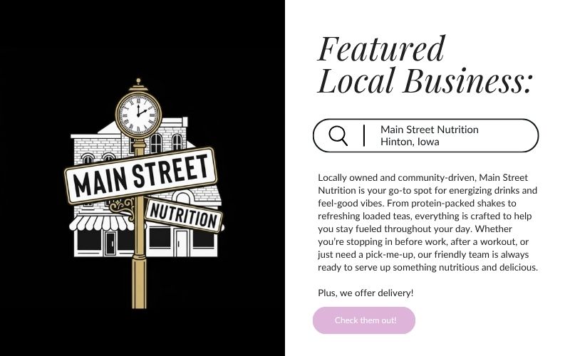 Main Street Nutrition business spotlight featuring the locally owned shake and loaded tea shop in Hinton, Iowa, highlighted in Aspen Coffee's April 2026 newsletter.