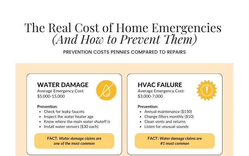 Home emergency prevention infographic showing estimated water damage and HVAC repair costs, plus maintenance tips for homeowners in Le Mars, Iowa.