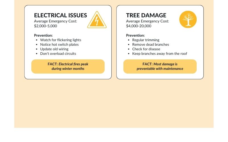 Home maintenance infographic explaining electrical safety, tree damage prevention, and estimated emergency repair costs for Le Mars, Iowa homeowners.