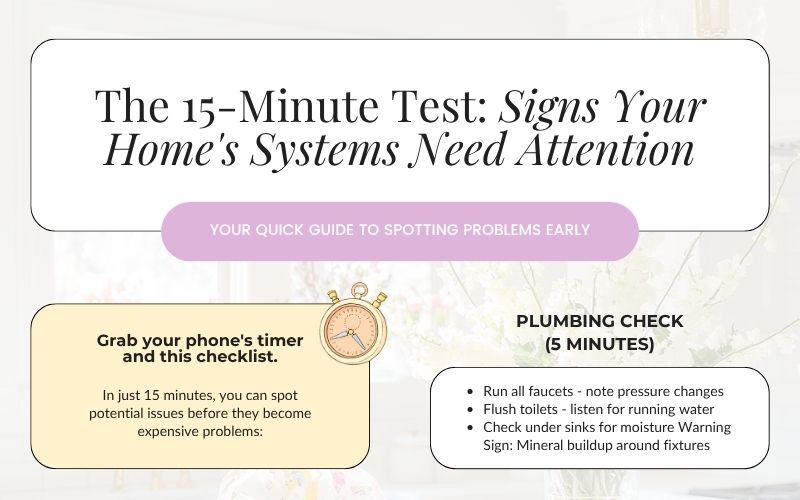 Fifteen minute home maintenance checklist for Le Mars, Iowa homeowners featuring plumbing inspections, water pressure checks, faucet leaks, and signs of moisture damage.