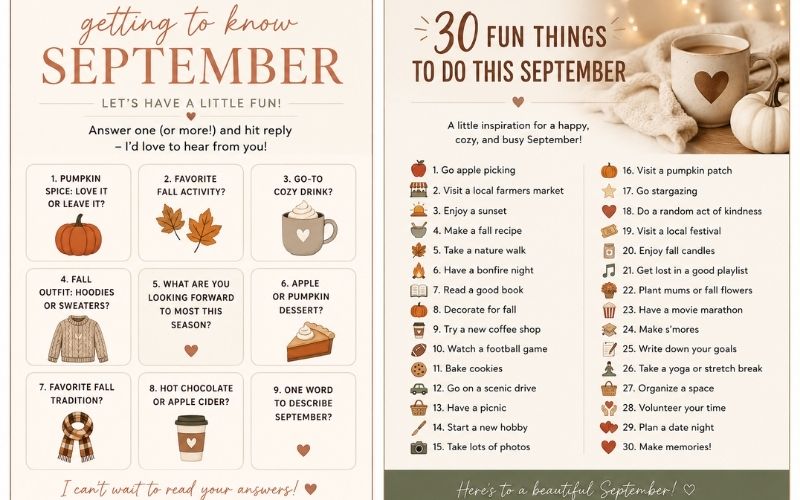 September fall activity guide featuring 30 seasonal things to do, including apple picking, pumpkin patches, farmers markets, cozy drinks, and fall traditions near Le Mars, Iowa.