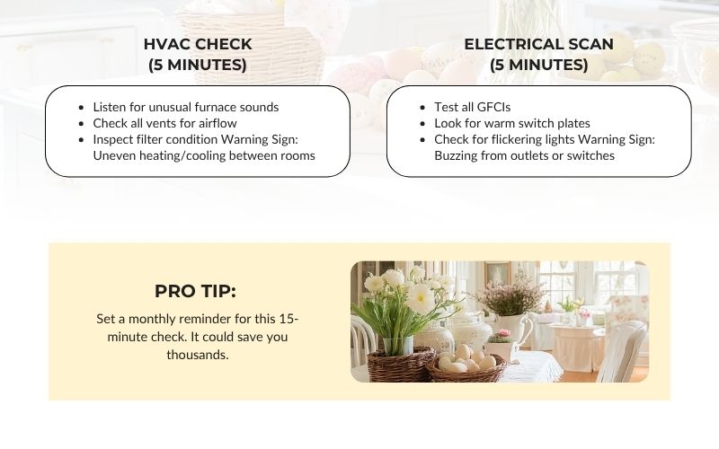 Home safety checklist for Le Mars, Iowa homeowners featuring HVAC filter inspections, furnace warning signs, GFCI outlet testing, and electrical safety checks.