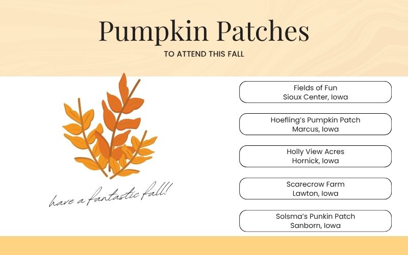 Fall 2026 pumpkin patch guide featuring family friendly pumpkin patches near Le Mars, Iowa, including Sioux Center, Marcus, Hornick, Lawton, and Sanborn.