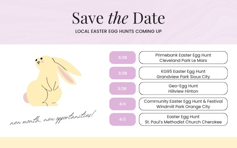 Spring 2026 Easter egg hunt event guide featuring community celebrations in Le Mars, Sioux City, Hinton, Orange City, and Cherokee, Iowa.