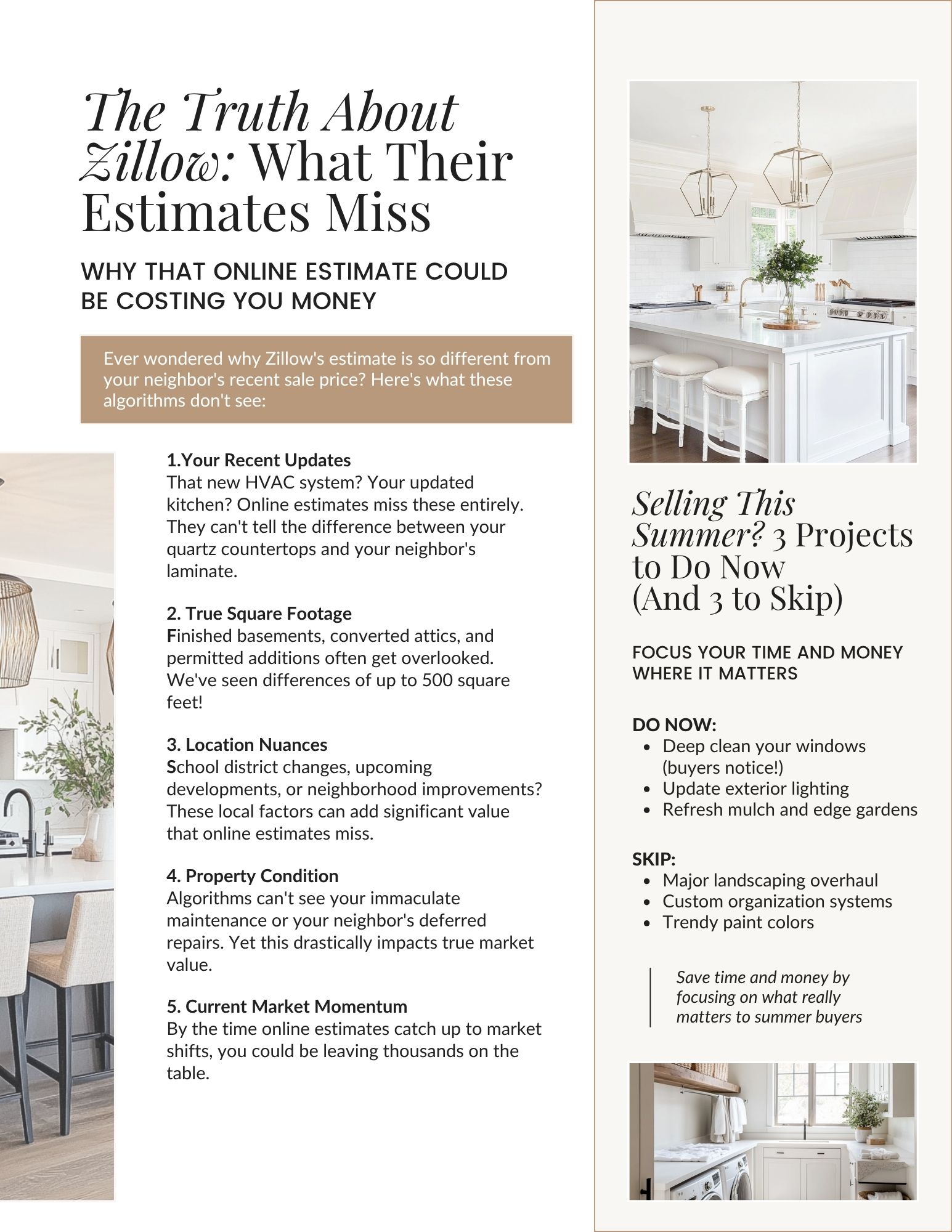 Real estate newsletter explaining Zillow Zestimate limitations, factors affecting home values, and summer home selling preparation tips for Le Mars, Iowa homeowners.