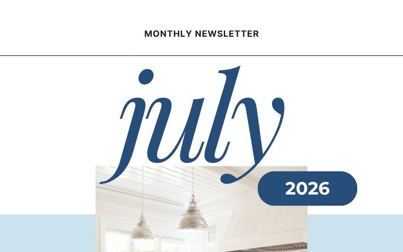 July 2026 Siouxland real estate newsletter by Aspen Coffee, REALTOR® with CENTURY 21 ProLink in Le Mars, Iowa, featuring a patriotic kitchen decorated for the Fourth of July.