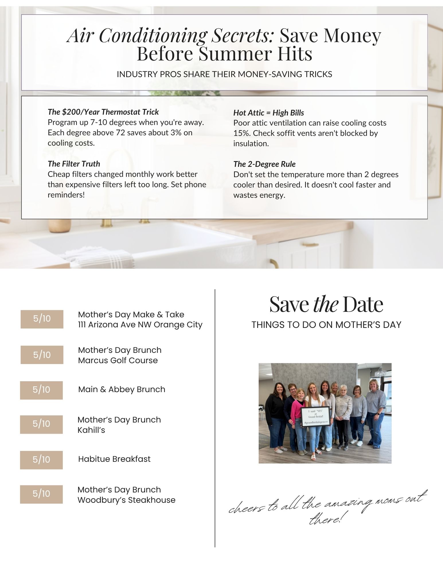 May 2026 newsletter featuring summer air conditioning efficiency tips and Mother's Day brunches and activities in Orange City, Marcus, and the Siouxland area.