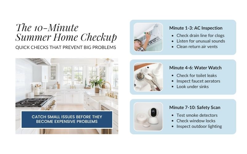 Ten minute summer home maintenance checklist for Le Mars, Iowa homeowners featuring air conditioning inspections, plumbing leak checks, smoke detector testing, and home safety tips.