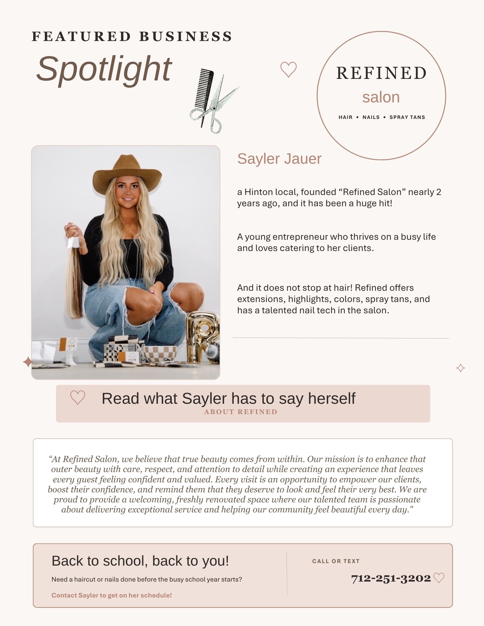 August 2026 local business spotlight featuring Sayler Jauer, founder of Refined Salon in Hinton, Iowa, offering hair services, nail services, and spray tans.
