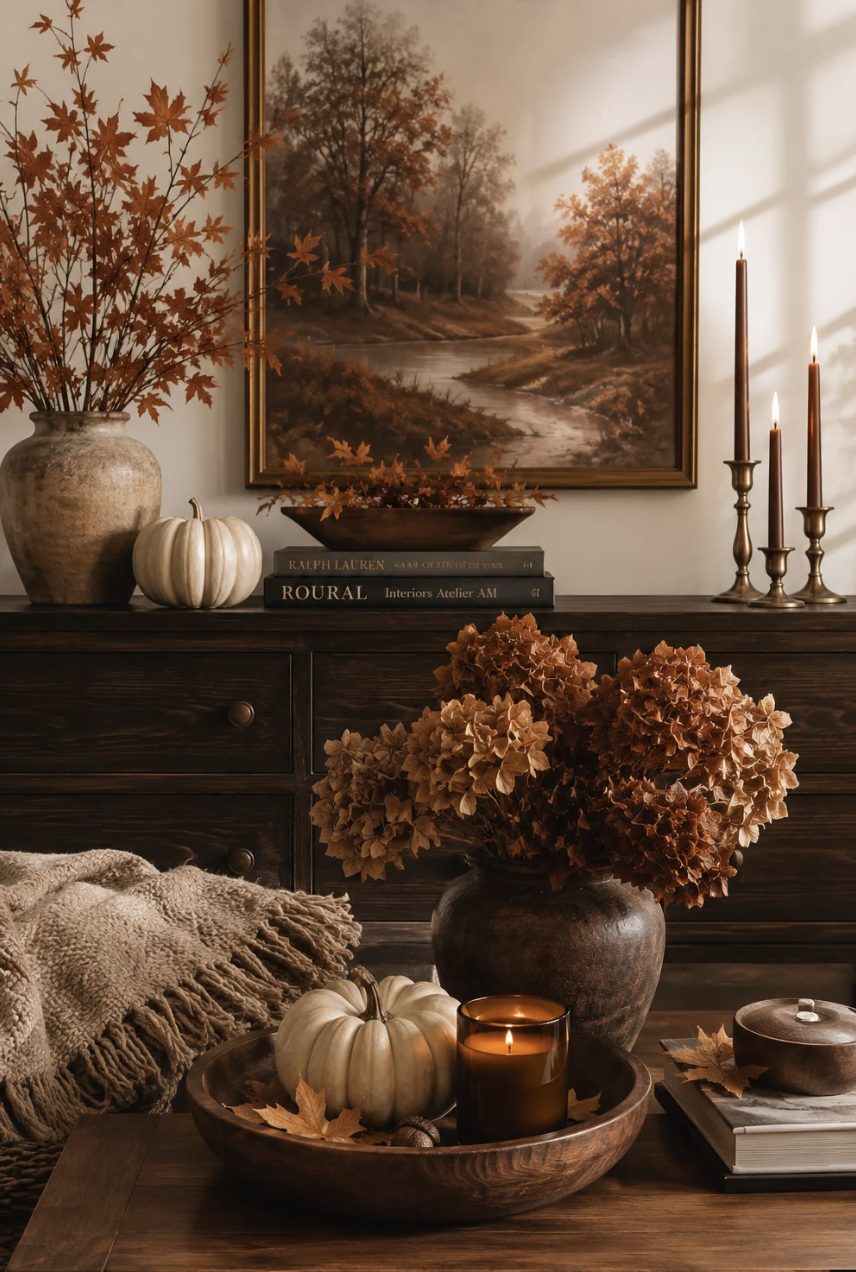 Cozy fall and Christmas home decor featuring warm brown tones, deep greens, burgundy accents, natural textures, and traditional holiday decorations.
